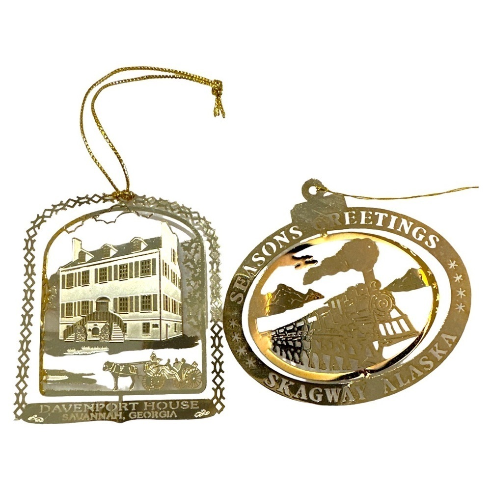 Gold Color 3D Christmas Ornaments DAVENPORT HOUSE savannah GA & Skagway Alaska